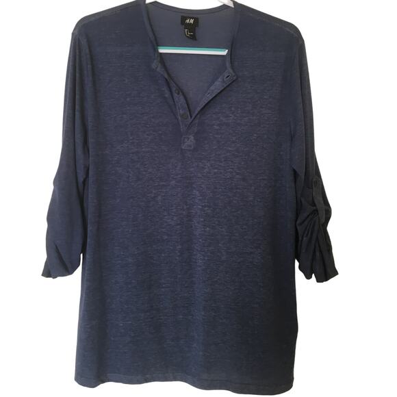 H&M Large V Neck Henley Long Sleeve Buttons to 3/4 Sleeve Heather Blue Top - Picture 1 of 5
